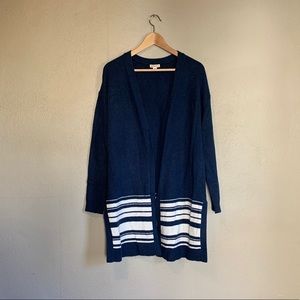 Merona Blue & White Striped Open Cardigan Knee Length Sweater Long Sleeves L